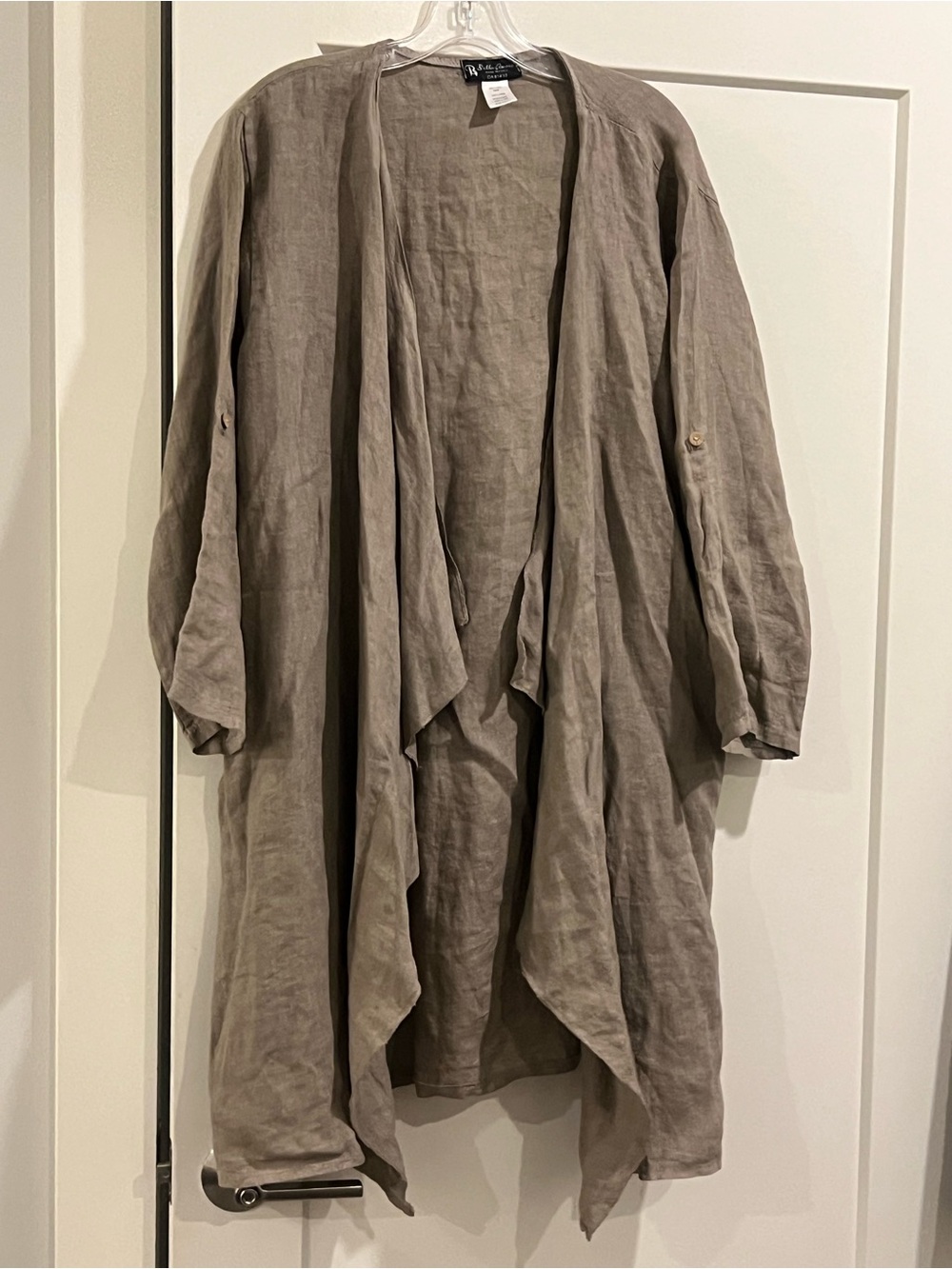 Bella Amore Linen Open-Front Draped Shirt Jacket - Taupe